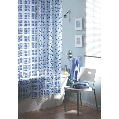 Image of Blue Canyon Mosaic Blue Shower Curtains | 100% Peva Shower Curtain | Anti-Bacterial Surface Treatment | Water Repellent| Weighted Hem | 180 X 180cm | 12 Reinforced Eyelets with Hooks (Blue)