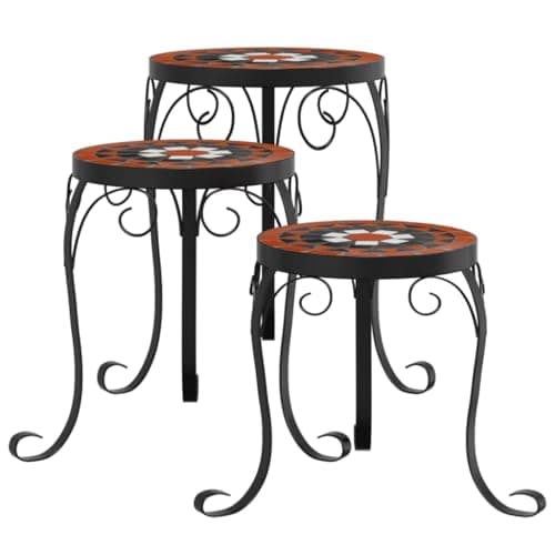 Image of vidaXL 3-Piece Mosaic Plant Stands - Terracotta/White, Ceramic & Iron, Indoor/Outdoor Use, Easy-Clean, Mediterranean Style, Assorted Sizes