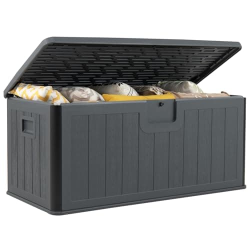 Image of TANGZON 380L Garden Storage Box, Outdoor Weather Resistant Deck Box with Handles & Lockable Lid, Wood Effect Patio Storage Chest Container for Cushions Pillows Pool Supplies Tools (Grey)