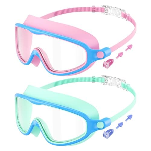 Image of 2 Pack Kids Swimming Goggles Wide Vision Swim Goggles with Ear Plugs Nose Clip Anti Fog UV Protection No Leakage Clear Vision for Children Early Teens 3 to 15 Years Old Child (PinkBlue & GreenBlue)