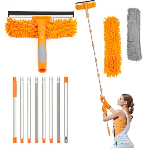 Image of Lapluied 3.1M/122" Long Reach Window Cleaning Equipment, 3 in 1 Telescopic Window Cleaner, 270° Rotating Squeegee Window Cleaning Kit with 8 Extendable Pole for Indoor/Outdoor High Window, Orange