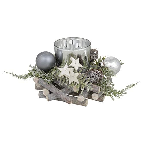 Image of 12cm Round Wooden Christmas Candle Holder Decoration Rustic Grey Sticks Silver Baubles White Stars Pine Cones Tealight Votive Festive Tabletop