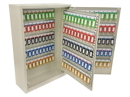 Image of The Workplace Depot Lockable Key Cabinet, White Heavy Duty Steel Wall Mounted Key Lock Safe with Key Hooks & Coloured Key Tags for Home, Office, Garage & Warehouses (200 Key Capacity)