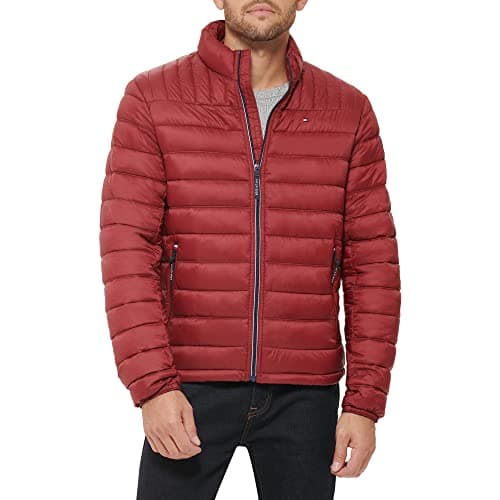 Image of Tommy Hilfiger Men's Lightweight Down Alternative Packable Puffer Jacket Coat, Red, M