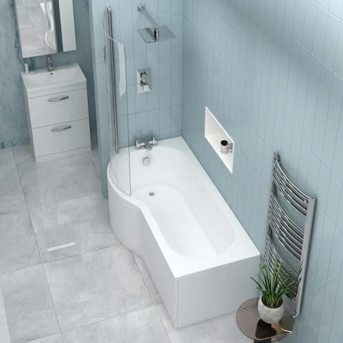 Image of 1700 x 850mm P Shape Shower Bath with Glass Shower Screen + Towel Rail, Gloss White Soaking Shower Bath, Acrylic Baths for Bathrooms, Left Hand Round, Adjustable Leg Set - Elva