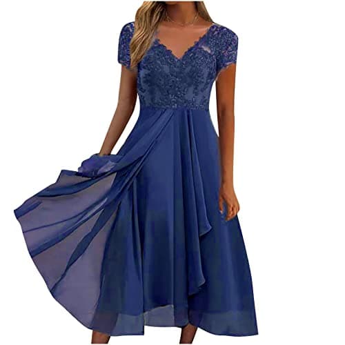 Image of AMhomely Elegant Dress Women UK-Lace V Neck Cocktail Dresses,Plus Size Cap Sleeve Evening Gown,Ruffle Tiered Layers Dresses,Lace Patchwork V Neck A-line Dress,Holiday Vacation A Navy XXL