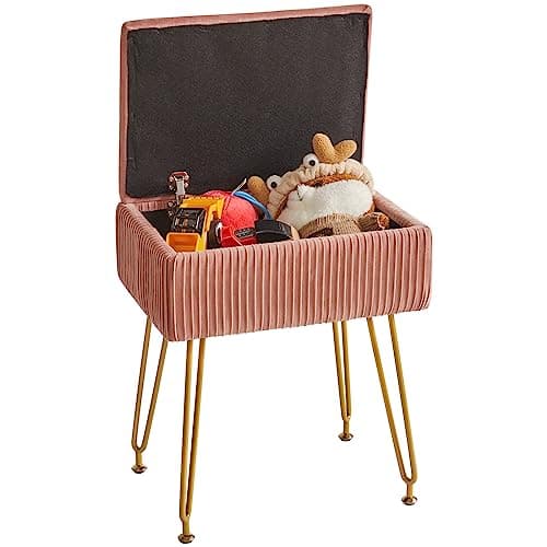 Image of YMYNY Storage Ottomans, Chair Stool Upholstered, Footstool Velvet Bench, Dressing Table Stool, Pouf Couch Stool, Metal Legs, Removable Cover, for Living Room, Bedroom, 40×29.5×48CM Pink HBD024P