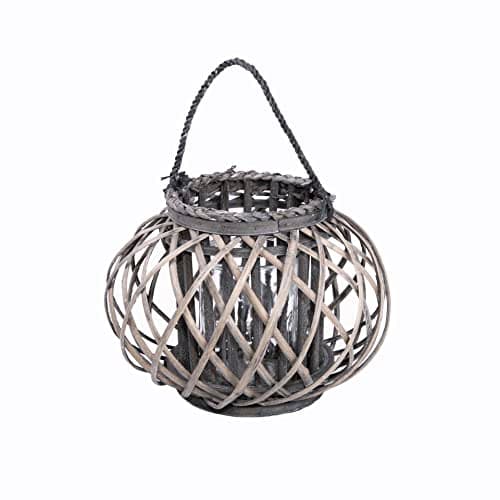 Image of Round Grey Wicker Lantern With Candleholder Garden Lightning Table Lights Rattan Lamp Decorative Rattan Lantern
