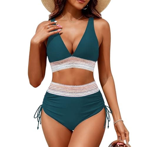 Image of Women's High Waisted Bikini Set with Adjustable Shoulder Straps Top Bottoms 2 Piece Bikini Swimsuit Tummy Control Swimming Costume for Beach Holiday (UK, Numeric, 10, 12, Regular, Regular, Blue)