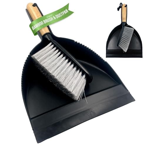 Image of Dustpan and Brush Set with Bamboo Handle - Portable Brush and Dustpan Set with Rubber Lip - Perfect for Cleaning Kitchen, Office, Bathroom, Living Room, Garage, etc