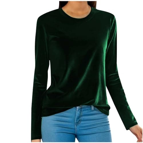 Image of T-Shirts for Women UK Womens Tops Pullover Ladies Sweatshirts Solid Color Loose Fit Activewear Casual Work Tees Tunic Green Tshirt Velvet Base Shirts Velour Long Sleeve