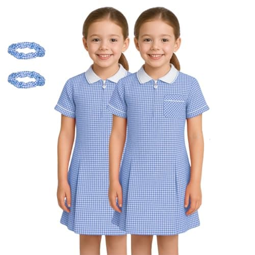 Image of SchoolStitch® Girls Gingham School Dress, Pack of 2 Kids Short Sleeve Zip Up Pleated Check Print Summer Dress with Side Pockets and Hair Bobble, School Uniform Girls Ages 3-20 Sky Blue