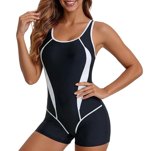 Image of Supcomsta Womens Swimming Costumes with Shorts,Sport Modest One Piece Swimsuits,U Back Swimwear with Tummy Control, Removable Foam Cups (UK, Alpha, S, Regular, Regular, Black White)