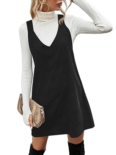 Image of Wenrine Women V Neck Corduroy Overall Dress Casual Loose Short Pinafore Dresses Cute Mini Jumper Dress, Black, XX-Large