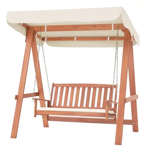 Image of COSTWAY Outdoor 2-Seat Swing Chair Set, Wood Porch Swing Bench with Canopy, A Frame, Sturdy Metal Hanging Chains and Soft Seat Cushions, Swing Seat for Patio, Garden & Backyard