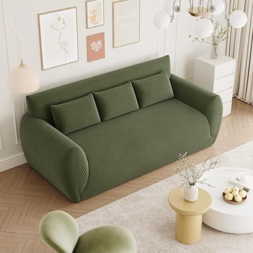 Image of Vesgantti Corduroy Compressed 3 Seater Sofa, No Assembly Required 200cm Floor Sofa, Comfy Couch with 3 Supportive Pillows, Perfect for Living Room Bedroom Office Small Space, 200L*94D*80Hcm,Green