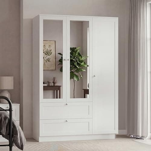 Image of Vida Designs Altino 3 Door 2 Drawer Mirrored Wardrobe | White | Bedroom Furniture | 170H x 116W x 53D cm | With Storage Shelf & Hanging Rail | Large Capacity Storage