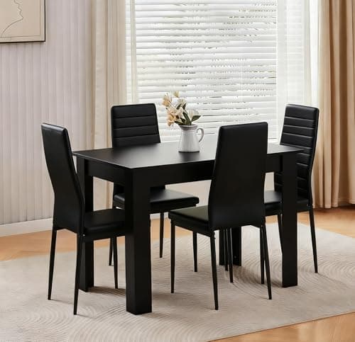 Image of Menaka Modern Wooden Dining Room Table and Chairs Set of 4 for Small Space, 5 Pieces Rectangular Kitchen Table with 4 Chairs (110cm black table and 4 black leather chairs#1)