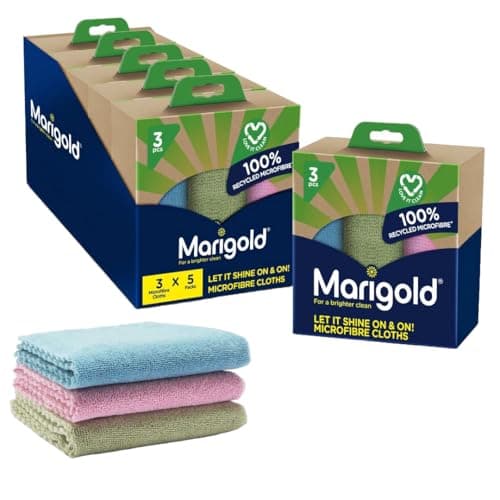 Image of Marigold Let It Shine On and On Microfibre Cloths, Case Pack of 5 x 3Pk Cloths, 100% Recycled Microfibre Cleaning Cloths, Multifunctional Reusable Cloths for All Surfaces, Machine Washable