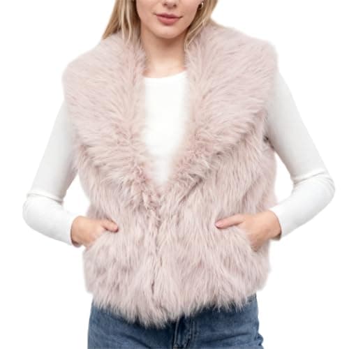 Image of Amazhiyu Faux Fur Gilet for Women UK, Lapel Open Front Cardigan with Pockets, Sleeveless V Neck Outwear Fluffy Vest for Winter/Autumn Pink M