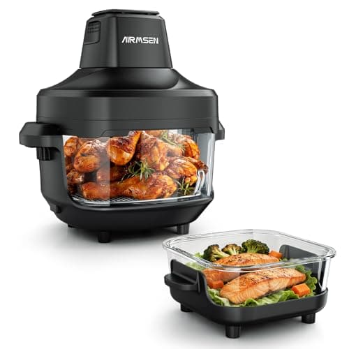 Image of AIRMSEN Portable Glass Air Fryer - 4.5L & 1.2L Dual Containers with Lid, Non-Toxic, 60-230℃, 4 Preset Functions, Detachable Air Frying Head, Safe for Microwave, Freezer & Dishwasher