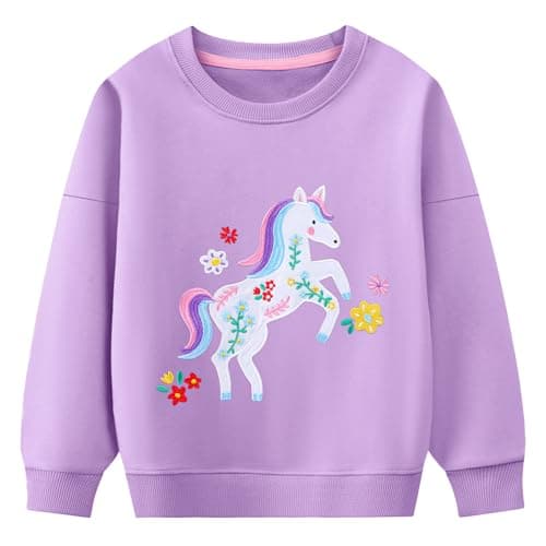 Image of Baogaier Girls Sweatshirt Cotton Long Sleeve T Shirts Jumper Crew Neck Casual Loose Kids Clothes Soft Breathable Pullover Tops Girl Clothing Age 6-7 Years, Purple Horse