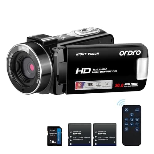 Image of ORDRO B320 1080P Camcorder with 16GB Card, 18X Digital Zoom, Night Vision, 270° Rotatable Screen, Full HD 1080P 30MP Camera, 2 Batteries Black