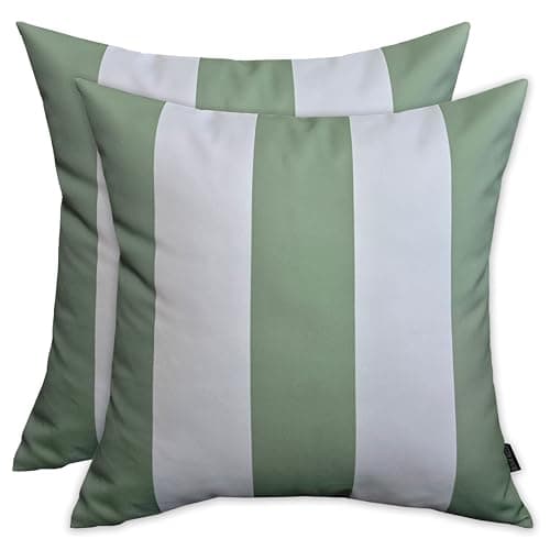 Image of Olivia Rocco Pack of 2 Waterproof Cushion Cover Outdoor Garden Decorative Cushions Covers for Patio Bench Sofa Furniture Indoor Living Room Bed Chair Scatter (Sage Green Stripes, 43 x 43 cm)