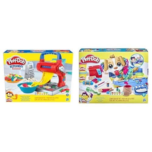 Image of Play-Doh Care n Carry Vet Playset with Toy Dog, Carrier, 10 Tools, 5 Colours, Multicolor & Kitchen Creations Noodle Party Playset for Children Aged 3 and up with 5 Non-Toxic Colours