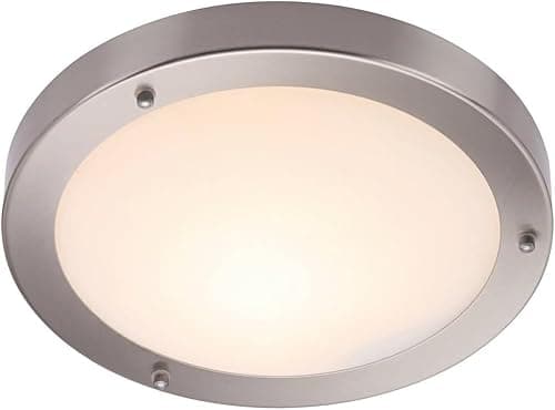Image of Portico IP44 Rated Flush Round Satin Nickel 300mm Disc Dimmable Bathroom Ceiling Light Fitting with Frosted Glass Shade Zone 2