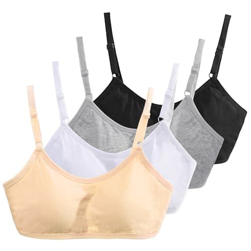 Image of Radsocken 4 Pack Sports Bra for Girls, Cotton Training Crop Bras with Adjustable Strap Seamless Sports Underwear, Teenage Girls Crop Top for 10-16 Years(Khaki+White+Grey+Black)