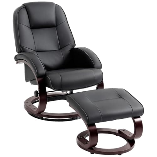 Image of HOMCOM Swivel Recliner Chair with Footstool, PU Leather Recliner Armchair with High Back and Wood Frame, Reclining Chair Lounge with Padded Armrests for Living Room, Black