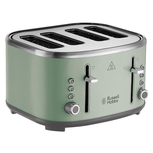 Image of Russell Hobbs Toaster 4 Slice (Independent & Extra wide slots, 6 Browning levels, Frozen, cancel & reheat features with blue indicator light, removable crumb tray, Sage) Stylevia 26294