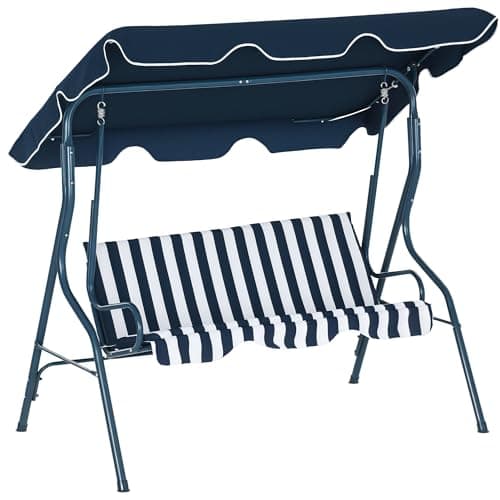 Image of Outsunny 3 Seater Canopy Swing Chair Outdoor Garden Bench with Adjustable Canopy and Metal Frame - Blue Stripes