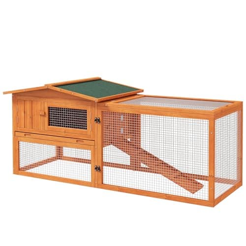 Image of PawHut Rabbit Hutch with Run Wooden Guinea Pig Hutch Outdoor Bunny Cage Hide House with Sliding Tray, Hay Rack, Ramp, 156 x 58 x 68cm, Orange