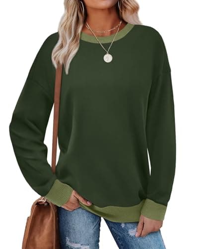 Image of WIHOLL Sweatshirts for Women UK Oversized Color Block Ribbed Trim Long Sleeve Tops Crewneck Loose Fit Ladies Jumpers Green XL