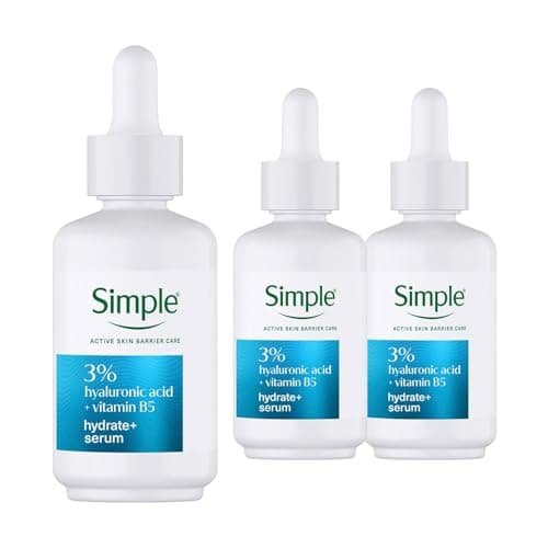 Image of Simple Hydrate+ Serum 3 Pack, 30ml Each, 3% Hyaluronic Acid + B5 Moisture Boost Face Serum, Lightweight Hydrating Formula, Plumps Smooths and Refreshes Dry and Dull Skin