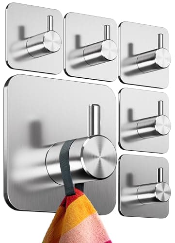 Image of 4smile Self Adhesive Hooks - Set of 6, Stainless Steel - Strong Sticky Hooks for Hanging Towels, Bathrobes and Keys - Stick on for Heavy Duty, Waterproof Tea Towel Holder for Bathroom and Kitchens