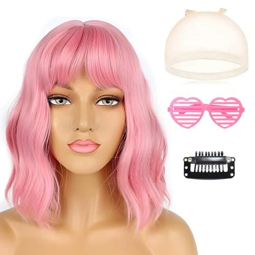 Image of Pink Wig, Short Light Pink Wigs with Bangs for Women, Natural Wavy Curly Hair Wig for Daily Use or Cosplay Party