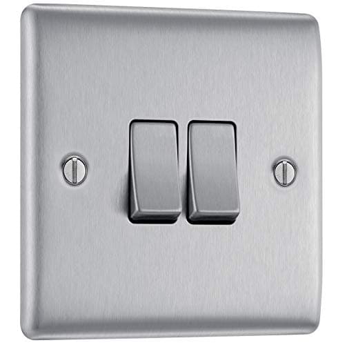 Image of BG Electrical Double Wall Light Switch, 2 Way, Raised and Slim Profile, Round Edges, Nexus Metal, Brushed Steel, 20A, 16AX, NBS42
