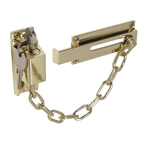 Image of XFORT Polished Brass Locking Door Chain, Front Door Security Chain with External Key Unlocking Mechanism.