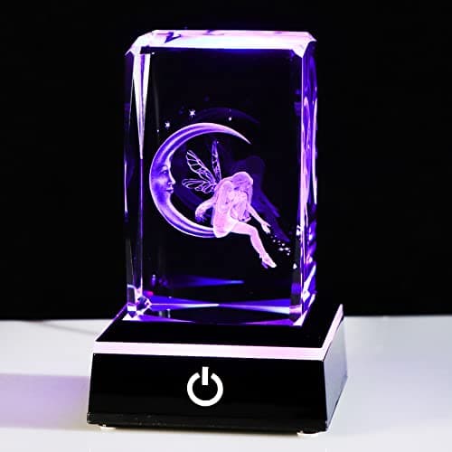 Image of Movdyka Crystal 3D Witchy Gifts for Women, Laser Engrave Fairy and Moon Figurine Collectible Keepsake with Colorful LED Stand, Glass Fairy Gifts Home Decorative Ornaments