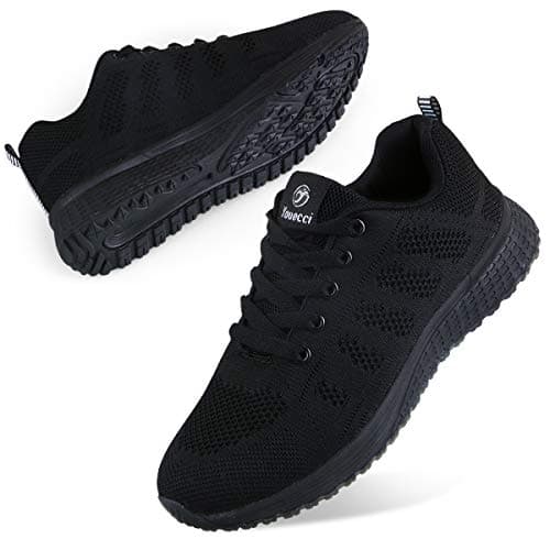 Image of Youecci Men Women Walking Shoes Lightweight Ladies Lace Up Sneakers Mesh Go Running Trainers Low Top Breathable Athletic Walk Gym Shoes Full Black 10 UK, Manufacturer Size 44