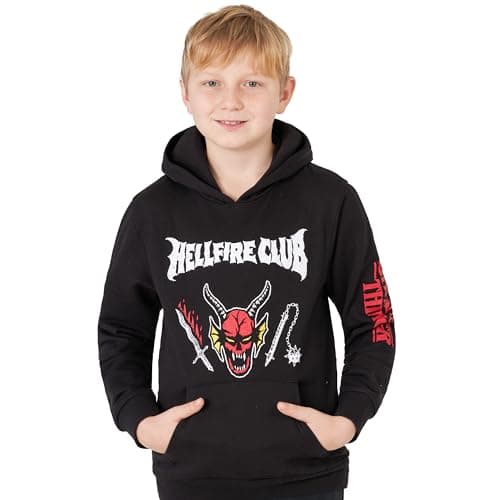 Image of Get Trend Stranger Things Hoodies for Boys, Girls & Teens 7-16 Years, Soft Hooded Pullover Sweatshirt, Hellfire Club Artwork (7-8 Years, Black)