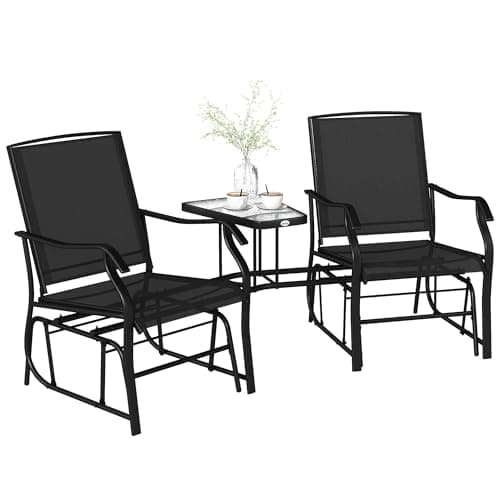 Image of Outsunny Outdoor Double Glider Rocking Chairs with Glass Top Middle Table, Metal Gliding Love Seat Conversation Furniture with Breathable Mesh Fabric Seat, for Garden, Patio, Black