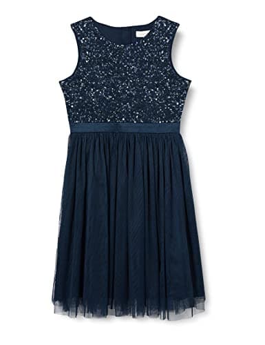 Image of Maya Deluxe Midi Dress for Girls Sequins Embellished Party Tutu Bridesmaids Wedding with Belt Bow Navy Size 9-10 Years