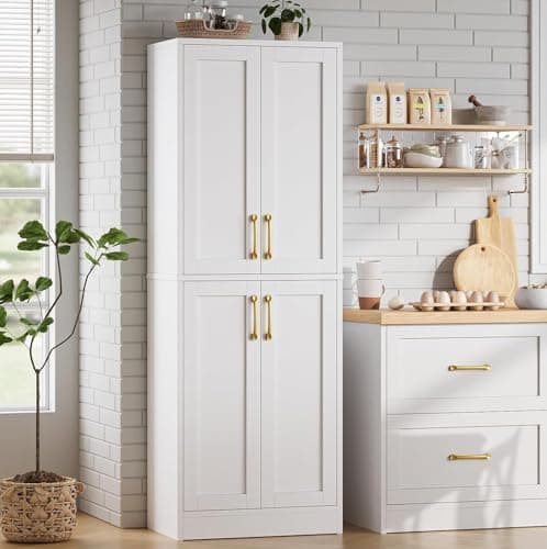 Image of Wooden Storage Cabinet, Freestanding Cupboard Tall Kitchen Hallway Storage Unit, Narrow Pantry Cabinets Sideboard Organizer with 4 Doors and Adjustable Shelves, Gold Metal Handle, 172cm (White)