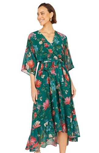 Image of Yumi Green Floral Kimono Wrap Dress with Dip Hem (UK, Numeric, 16, Regular, Regular, Colour)