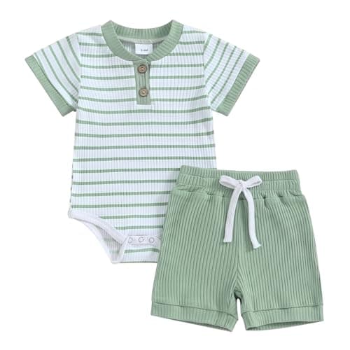 Image of Vioyavo Newborn Baby Boys Girls Summer Outfit Stripe Pattern Short Sleeve Romper+Solid Color Elastic Waist Shorts 2Pcs Clothes Set (Green, 6-9 Months)