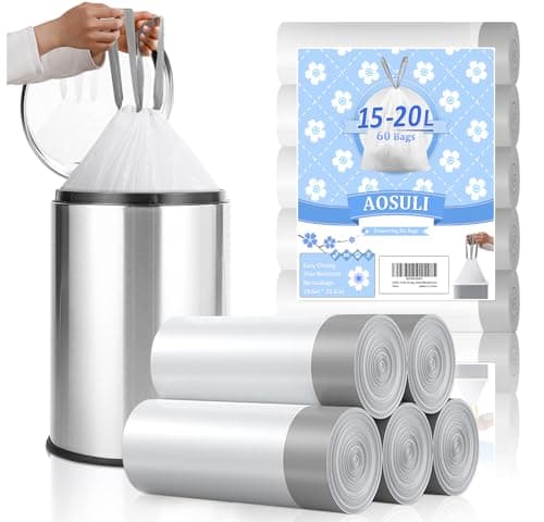 Image of AOSULI 15L-20L Bin Bags White Waste Paper Bin Liners Pedal Tie Handles Drawstring Garbage bags Small Rubbish Bags for Bthroom,Kitchen,Office,60Counts